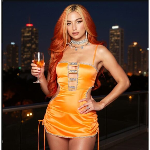 Yung Reaper Orange Rhinestone Mini Dress Cutout Details Adjustable Side Ties - Picture 2 of 6